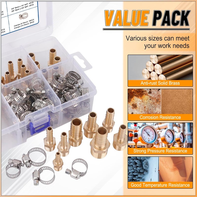 KOOTANS 32PCS Brass Hose Barb Fittings Barb to NPT Male Thread Adapter Kit 3/16" 1/4" 5/16" 3/8" 1/2" Barbed Air Hose Fittings with 46pcs Pipe Clamps for Water Fuel Air Line Connector Fitting - Image 5